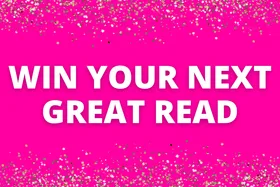 "Pink background with glitter border and text 'Win Your Next Great Read' in bold white letters."