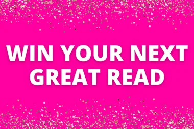 "Pink background with glitter border and text 'Win Your Next Great Read' in bold white letters."