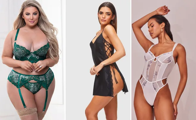 Women modeling different styles of lingerie: green lace set, black lace-up slip, and white floral bodysuit.