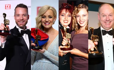 Four people holding TV Week Logie Awards, smiling. Each picture showcases a different recipient with their trophy.