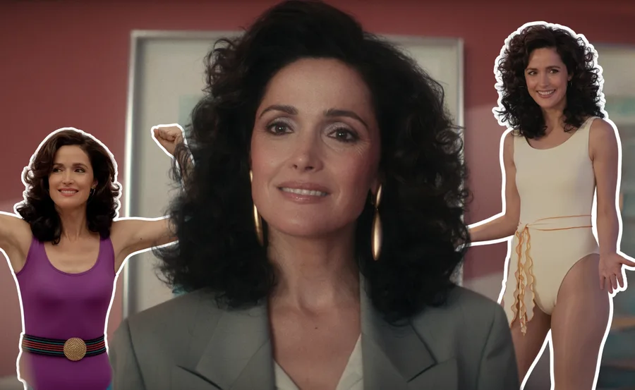 Three images of a woman with curly hair in different outfits: a blazer, a purple outfit, and a white swimsuit.