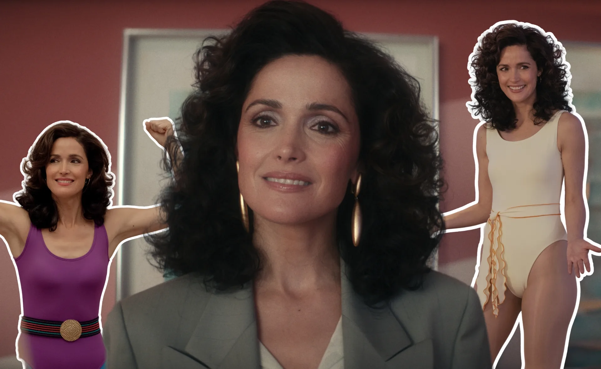 Three images of a woman with curly hair in different outfits: a blazer, a purple outfit, and a white swimsuit.