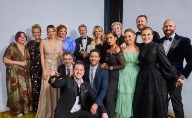 "Cast of 'The Twelve' celebrate winning Logie Award 2023, smiling and posing with their trophies."