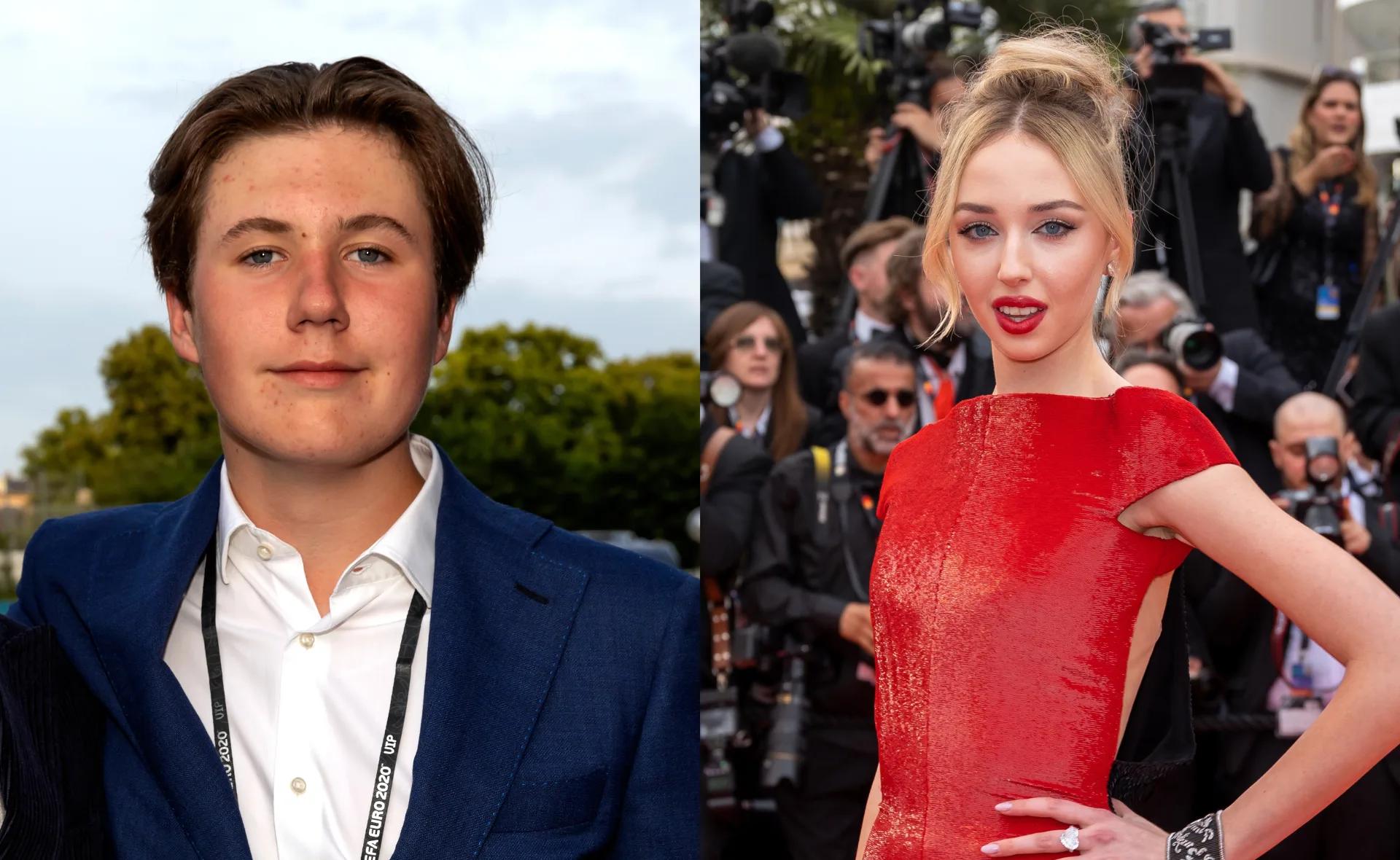 Two people posing for photos on a red carpet event; one is wearing a blue suit, the other a red dress.