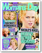 Magazine cover featuring celebrities with headlines about romance and drama stories.