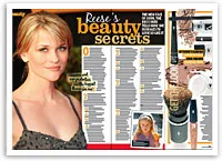 Reese Witherspoon on a magazine spread titled "Reese's Beauty Secrets," featuring beauty tips and product images.
