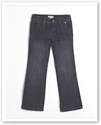 Dark blue children's jeans with front pockets, displayed on a white background.