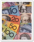 Australian banknotes in denominations of 5, 10, 20, 50, and 100 dollars, featuring famous figures.