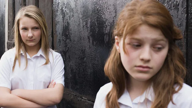 Two schoolgirls in uniform; one looks displeased with arms crossed, while the other looks downcast, standing in front.