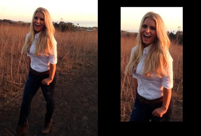 Blonde woman smiling in a field at sunset, wearing a white shirt, dark jeans, and boots.