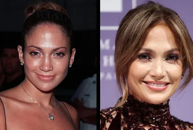 Side-by-side photos of a woman at different times, showing natural look and later appearance.