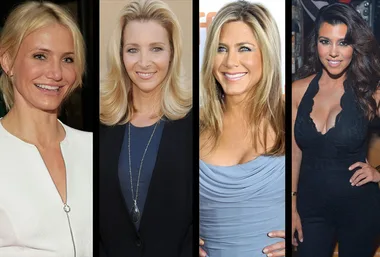 Four women smiling, each in a separate vertical segment, wearing various elegant outfits.