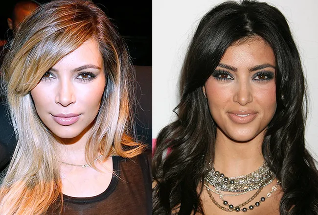 Two images of the same woman, one with blonde hair, the other with dark hair, featuring different makeup styles.