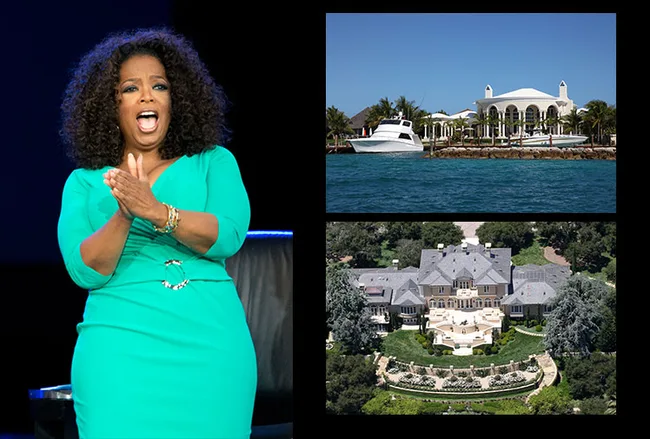 Oprah Winfrey clapping at an event; images of her waterfront and garden-view mansions.