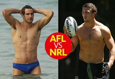 Two muscular men, one in the ocean with blue trunks, the other holding a football, divided by "AFL vs NRL" text.