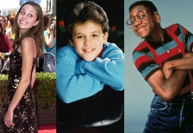90s child stars in a collage: girl in a dress, boy in a blue sweater, and boy in suspenders.