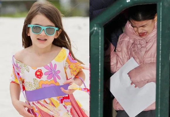 Girl in floral dress with sunglasses on a beach; same girl in pink coat holding paper, indoors.