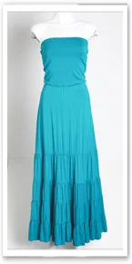A strapless turquoise sundress on a mannequin, featuring a fitted bodice and tiered skirt.