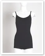Black one-piece bodysuit on a mannequin, featuring thin straps and simple design.