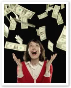 A woman in a red sweater joyfully catches falling dollar bills against a black background.