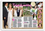 Liz Hurley wedding magazine spread showing couple, guests, cake, and venue images, labeled "Fairytale wedding."