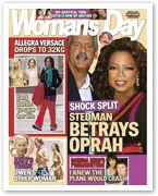 Magazine cover with Oprah and Stedman, headline "Shock Split: Stedman Betrays Oprah," includes smaller stories and images.