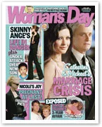 "Woman's Day magazine cover featuring a couple with headline about marriage crisis and additional celebrity stories."