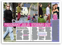 Pregnant woman walking outside, various casual scenes, text: "Pregnant Julia Storms Out."