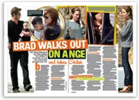 Celebrities appear in a magazine spread titled "Brad Walks Out on Ange and Takes Shiloh," featuring various candid images.