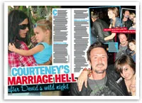 Courteney holding a child, David with friends at a party, magazine layout with text and images.