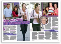 Kate walking on the street; headline reads "Kate tells Wills the wedding is off" with text and images of people.
