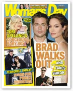 Woman's Day magazine cover featuring celebrities and headlines about relationships and family news.
