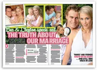 Couple posing together with children, multiple family photos, headline reads: "Bec & Lleyton speak out: The truth about our marriage."