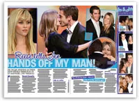Reese looks concerned; sequence shows Reese, a couple embracing, and social interactions in a magazine collage layout.