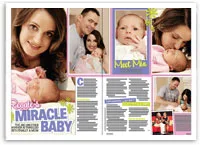 Reggie with her newborn baby, both smiling in a family photoshoot for a magazine spread titled "Reggie's Miracle Baby."