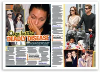 Magazine spread titled "Ange battles Deadly Disease" with photos of a woman and scenes of a family in public.