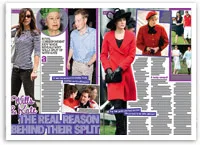 Page layout showing people in various outfits, titled "The Real Reason Behind Their Split."