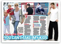 Reese walking with kids; Ryan on phone; headlines on custody dispute in magazine layout.