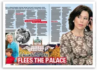 Page from a magazine with a woman in floral dress, palace image, and headline "Haunted Mary Flees the Palace."
