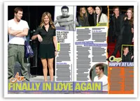 "Magazine layout with a couple smiling, text blocks, and title 'Finally in Love Again'. Red carpet photo in corner."