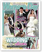 Wedding-themed magazine cover showing couples, headlines about celebrity weddings, with a focus on bridal attire and bouquets.