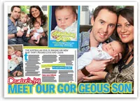 Family photo collage with parents holding a baby; text overlay reads "Meet Our Gorgeous Son."