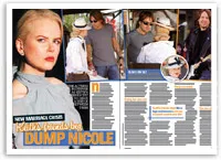 Magazine spread with several images, featuring a headline about relationship troubles involving a woman named Nicole.