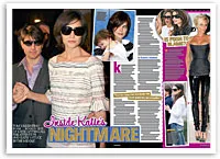 Diverse images of a celebrity couple at events, a woman with a child, and magazine text layout with a bold headline.