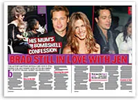 Magazine layout featuring a headline about "Brad Still in Love with Jen" with images of a man and woman.