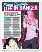 Image showing a magazine page titled "Skinny Courtney's Life in Danger," featuring a woman performing on stage with a microphone.