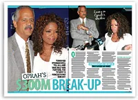 Oprah and a man in a magazine spread about their rumored $300 million breakup, featuring multiple photos and text.