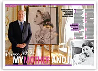 Prince Albert stands beside a large portrait of a woman, with magazine text overlaying the image.