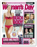 Jennifer Hawkins on Woman's Day cover in a red bikini, featuring beach body secrets.
