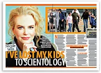 Nicole on magazine cover with headline "I've Lost My Kids to Scientology" and a photo of people walking outside.